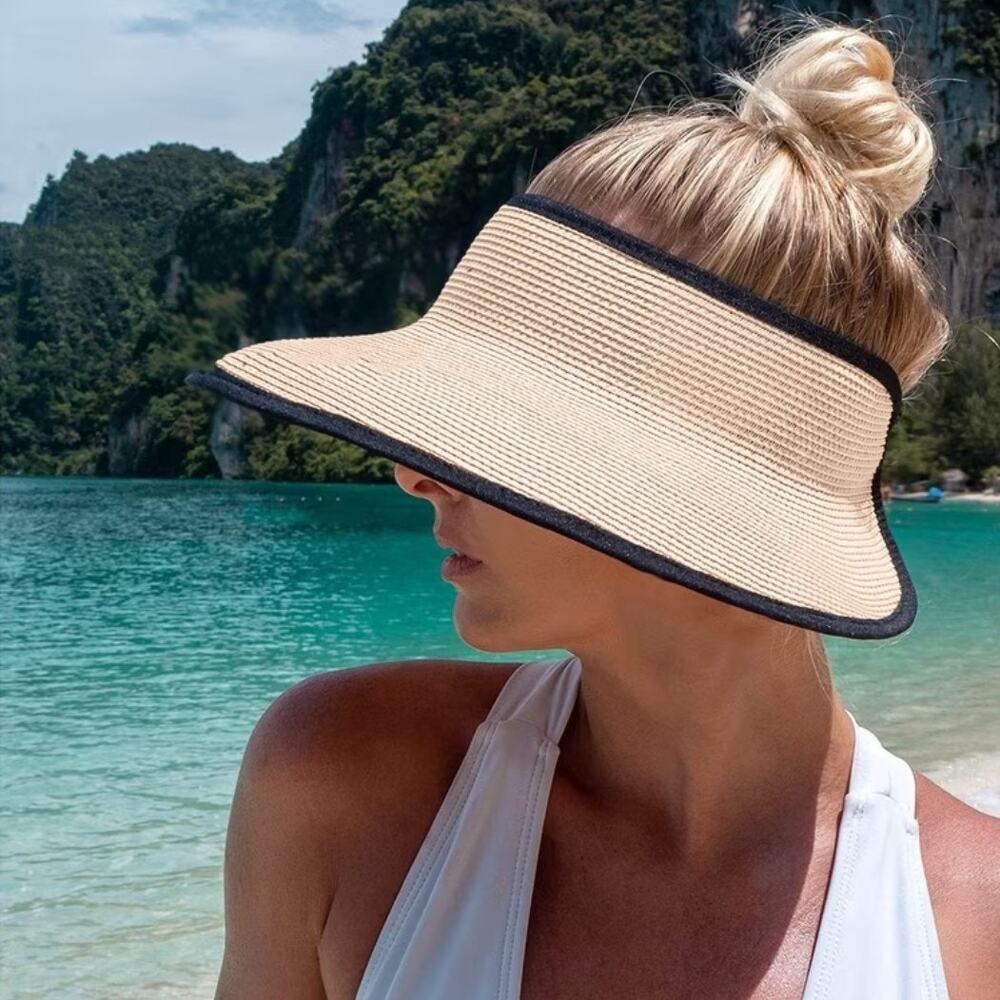Furtalk beige roll up wide brim straw sun visor